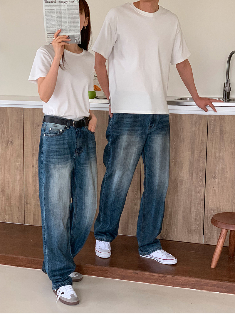 리빌모아]국내생산 남여공용 터치 세미 와이드 청바지 UJ2 JEA 8060 진청_P365848916